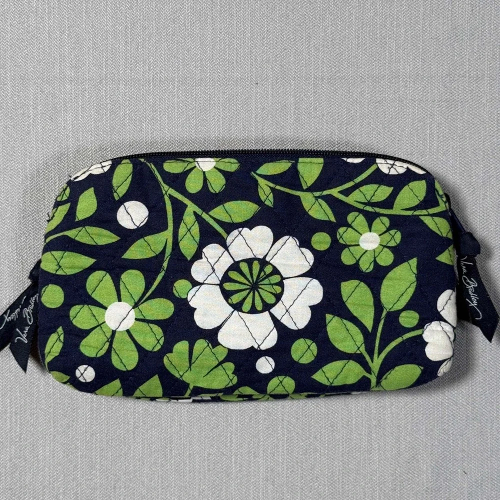 Vera Bradley Quilted Floral Cosmetic Case Navy Green White Double Zip Pouch